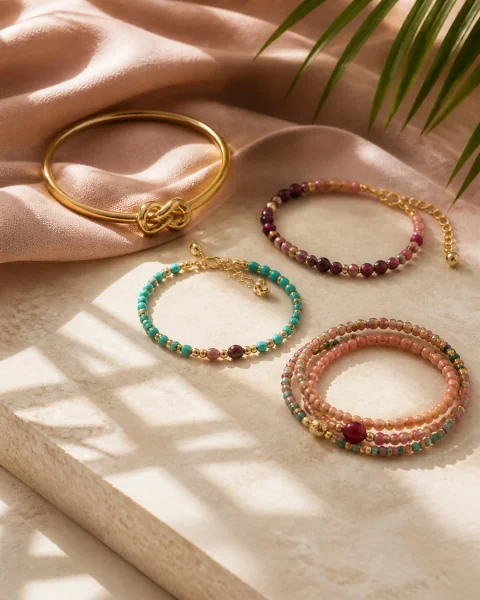 Pulseras doradas y de piedras de colores