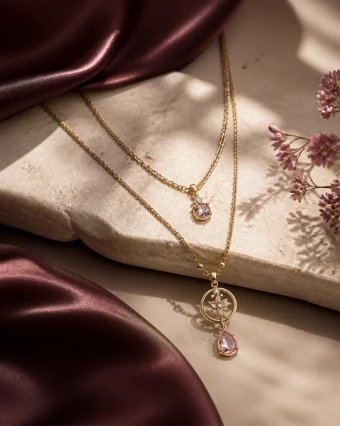 Collares dorados sobre seda color vino